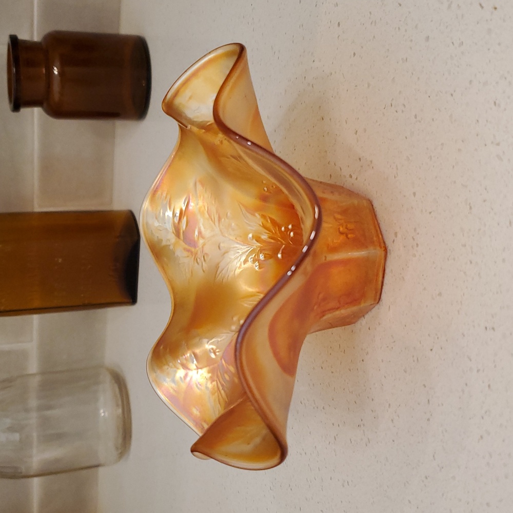 Carnival Marigold Iridescent Ruffled Glass Hat Vase